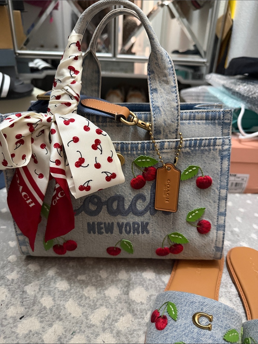 NWT Coach Denim Cherry Tote Bag - Blue